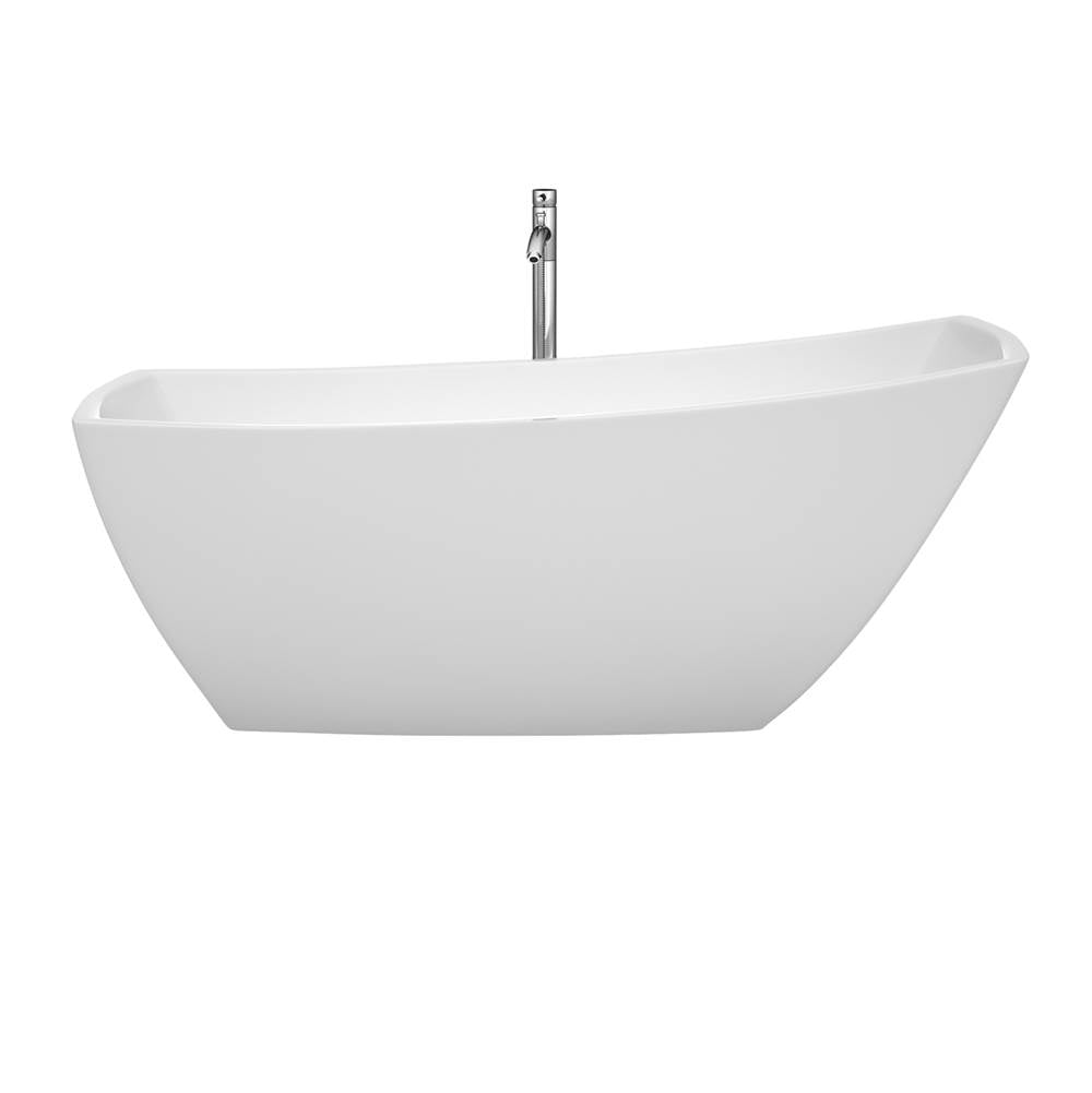 Antigua 67 Inch Freestanding Bathtub in White with Floor Mounted Faucet, Drain and Overflow Trim in Brushed Nickel