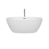 Juno 59 Inch Freestanding Bathtub in White with Floor Mounted Faucet, Drain and Overflow Trim in Brushed Nickel