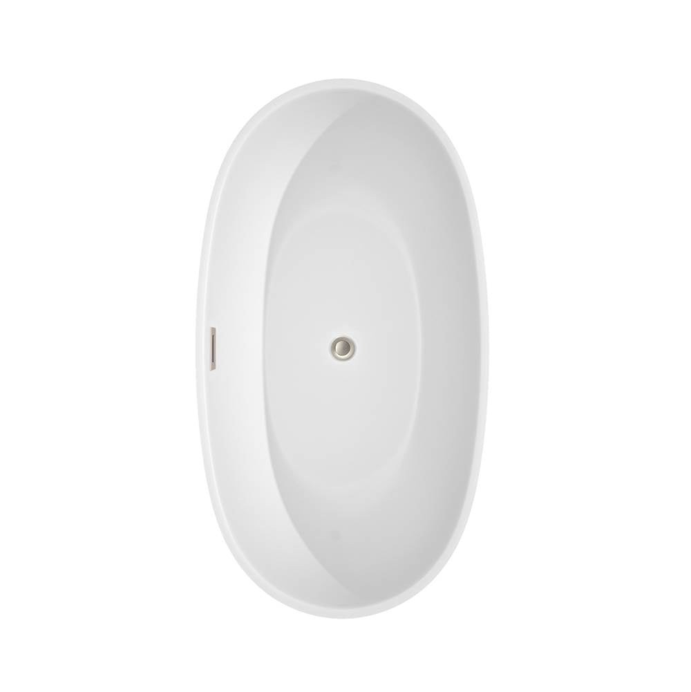 Juno 59 Inch Freestanding Bathtub in White with Floor Mounted Faucet, Drain and Overflow Trim in Brushed Nickel