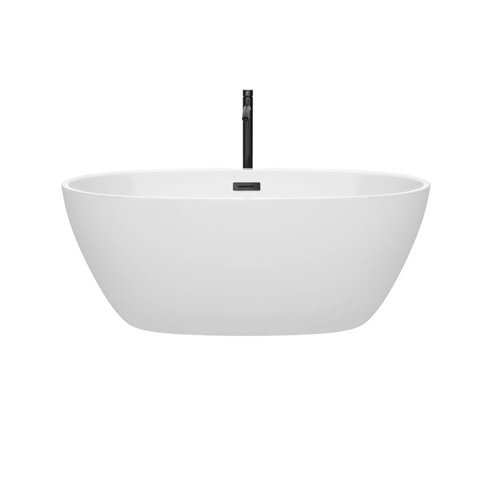Juno 59 Inch Freestanding Bathtub in White with Floor Mounted Faucet, Drain and Overflow Trim in Matte Black
