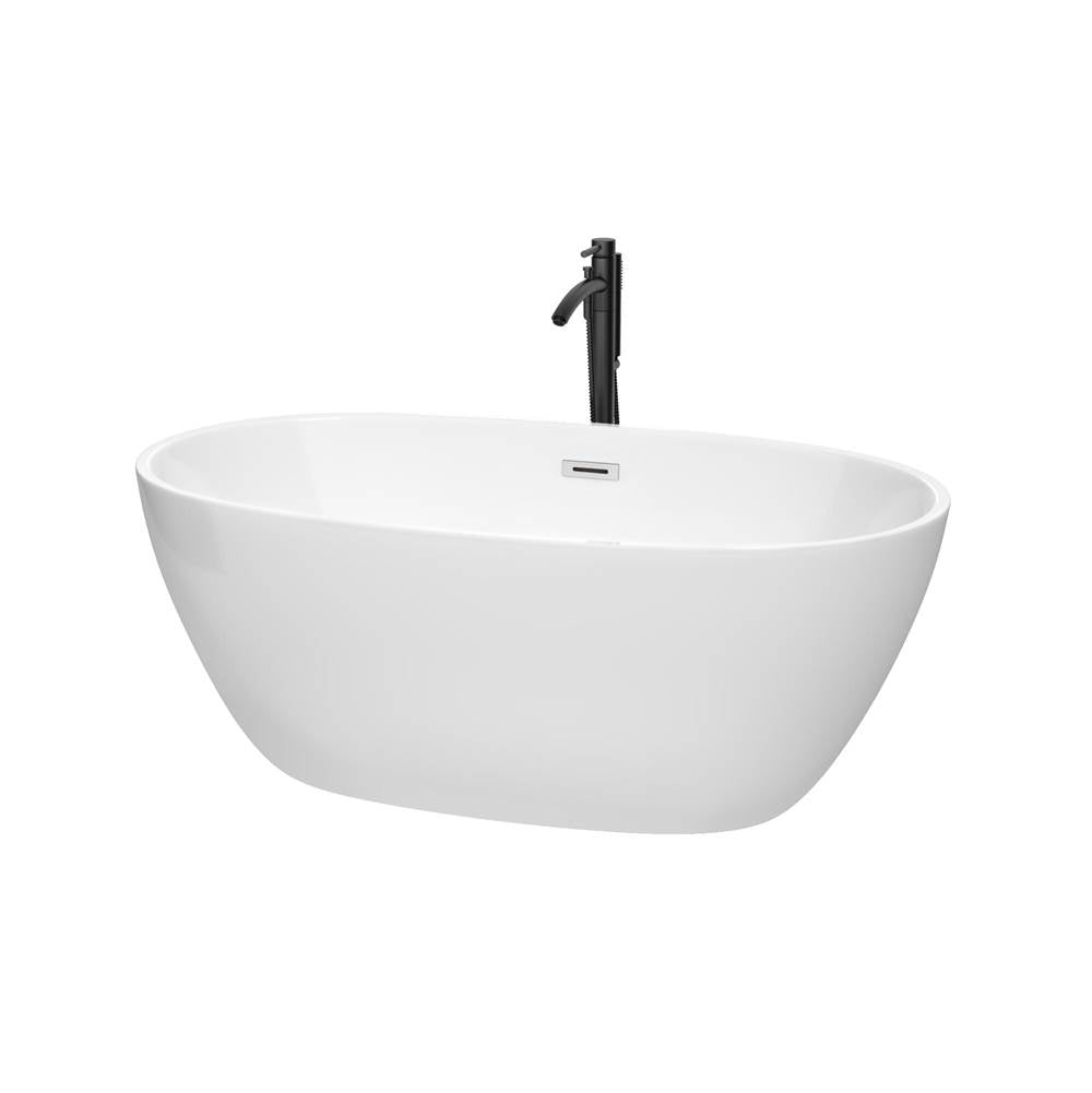 Wyndham Collection - Juno 59 Inch Freestanding Bathtub in White with Polished Chrome Trim and Floor Mounted Faucet in Matte Black