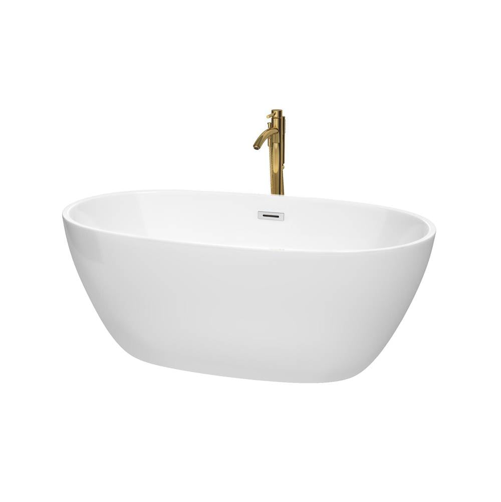 Wyndham Collection - Juno 59 Inch Freestanding Bathtub in White with Polished Chrome Trim and Floor Mounted Faucet in Brushed Gold