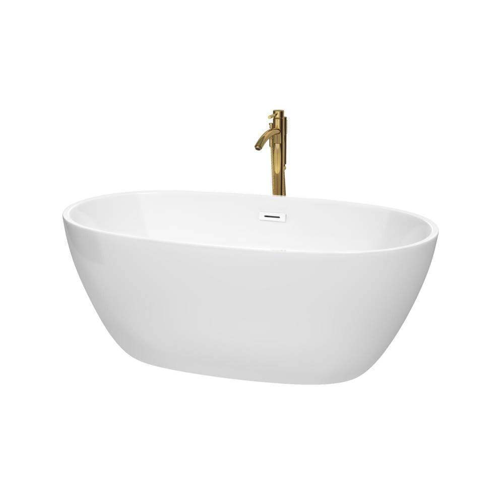 Wyndham Collection - Juno 59 Inch Freestanding Bathtub in White with Shiny White Trim and Floor Mounted Faucet in Brushed Gold