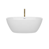 Juno 59 Inch Freestanding Bathtub in White with Shiny White Trim and Floor Mounted Faucet in Brushed Gold