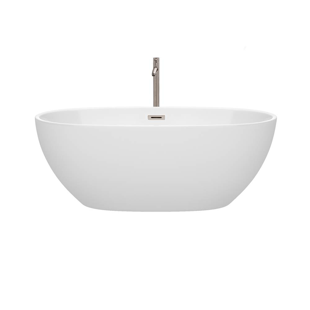 Juno 63 Inch Freestanding Bathtub in White with Floor Mounted Faucet, Drain and Overflow Trim in Brushed Nickel