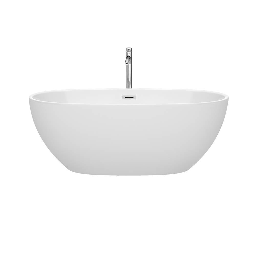 Juno 63 Inch Freestanding Bathtub in White with Floor Mounted Faucet, Drain and Overflow Trim in Brushed Nickel