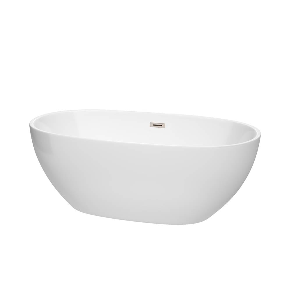 Wyndham Collection - Juno 63 Inch Freestanding Bathtub in White with Brushed Nickel Drain and Overflow Trim - White With Brushed Nickel