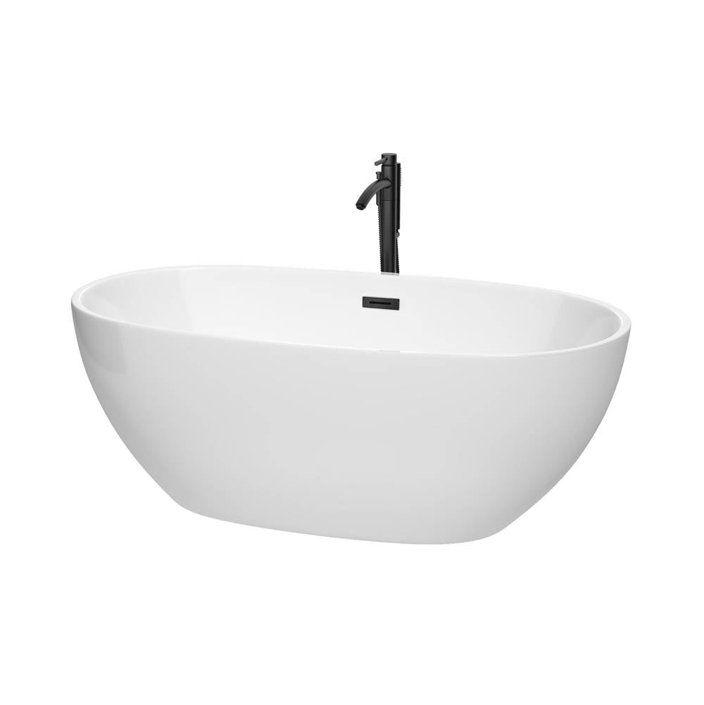 Wyndham Collection - Juno 63 Inch Freestanding Bathtub in White with Floor Mounted Faucet, Drain and Overflow Trim in Matte Black