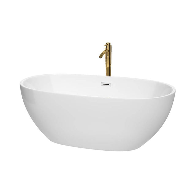 Wyndham Collection - Juno 63 Inch Freestanding Bathtub in White with Polished Chrome Trim and Floor Mounted Faucet in Brushed Gold