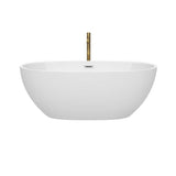 Juno 63 Inch Freestanding Bathtub in White with Polished Chrome Trim and Floor Mounted Faucet in Brushed Gold