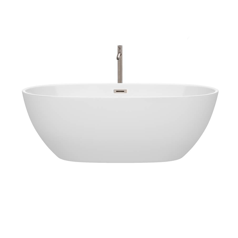 Juno 67 Inch Freestanding Bathtub in White with Floor Mounted Faucet, Drain and Overflow Trim in Brushed Nickel