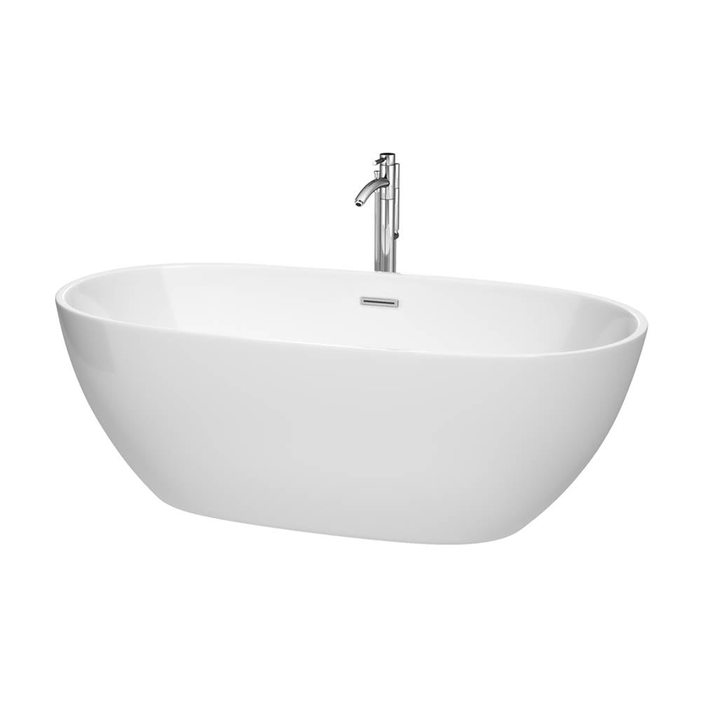 Wyndham Collection - Juno 67 Inch Freestanding Bathtub in White with Floor Mounted Faucet, Drain and Overflow Trim in Polished Chrome - White With Polished Chrome