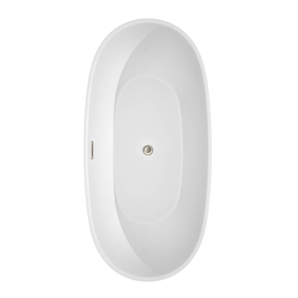 Juno 67 Inch Freestanding Bathtub in White with Floor Mounted Faucet, Drain and Overflow Trim in Brushed Nickel