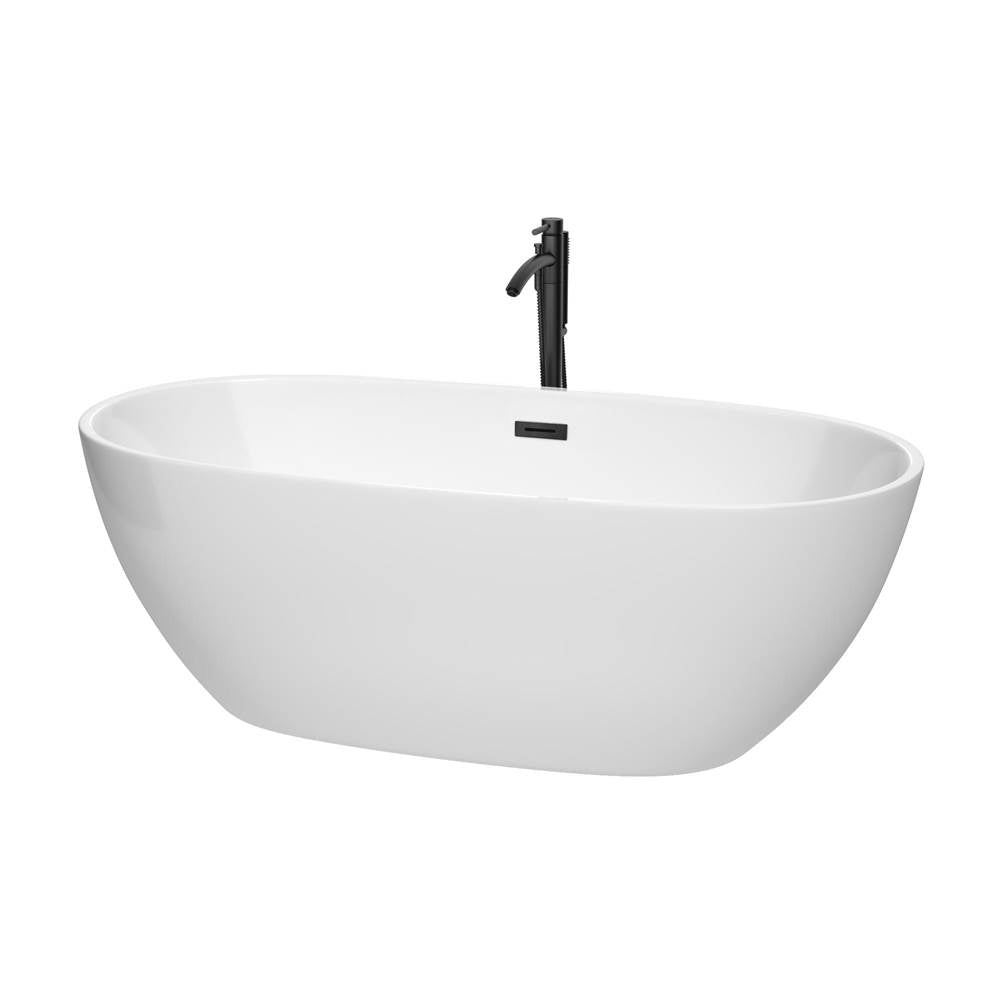 Wyndham Collection - Juno 67 Inch Freestanding Bathtub in White with Floor Mounted Faucet, Drain and Overflow Trim in Matte Black
