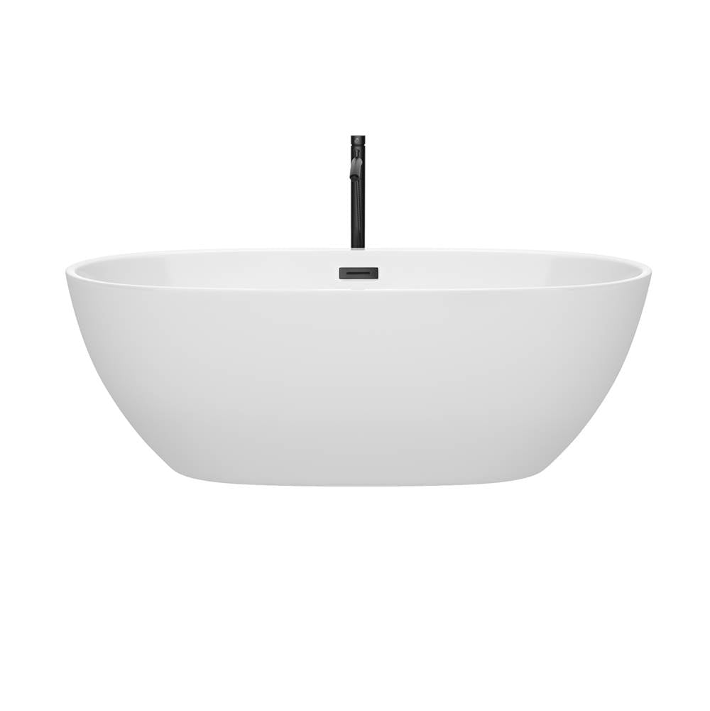 Juno 67 Inch Freestanding Bathtub in White with Floor Mounted Faucet, Drain and Overflow Trim in Matte Black
