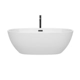 Juno 67 Inch Freestanding Bathtub in White with Floor Mounted Faucet, Drain and Overflow Trim in Matte Black