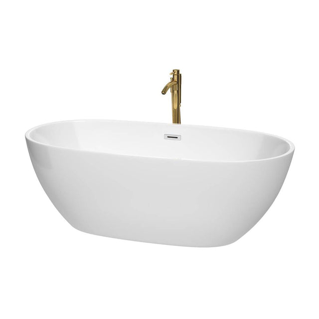 Wyndham Collection - Juno 67 Inch Freestanding Bathtub in White with Polished Chrome Trim and Floor Mounted Faucet in Brushed Gold
