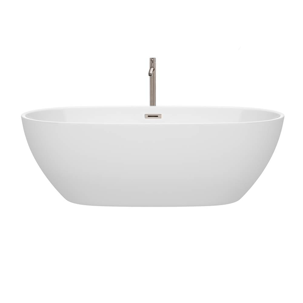 Juno 71 Inch Freestanding Bathtub in White with Floor Mounted Faucet, Drain and Overflow Trim in Brushed Nickel