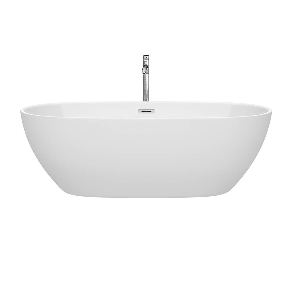 Juno 71 Inch Freestanding Bathtub in White with Floor Mounted Faucet, Drain and Overflow Trim in Brushed Nickel
