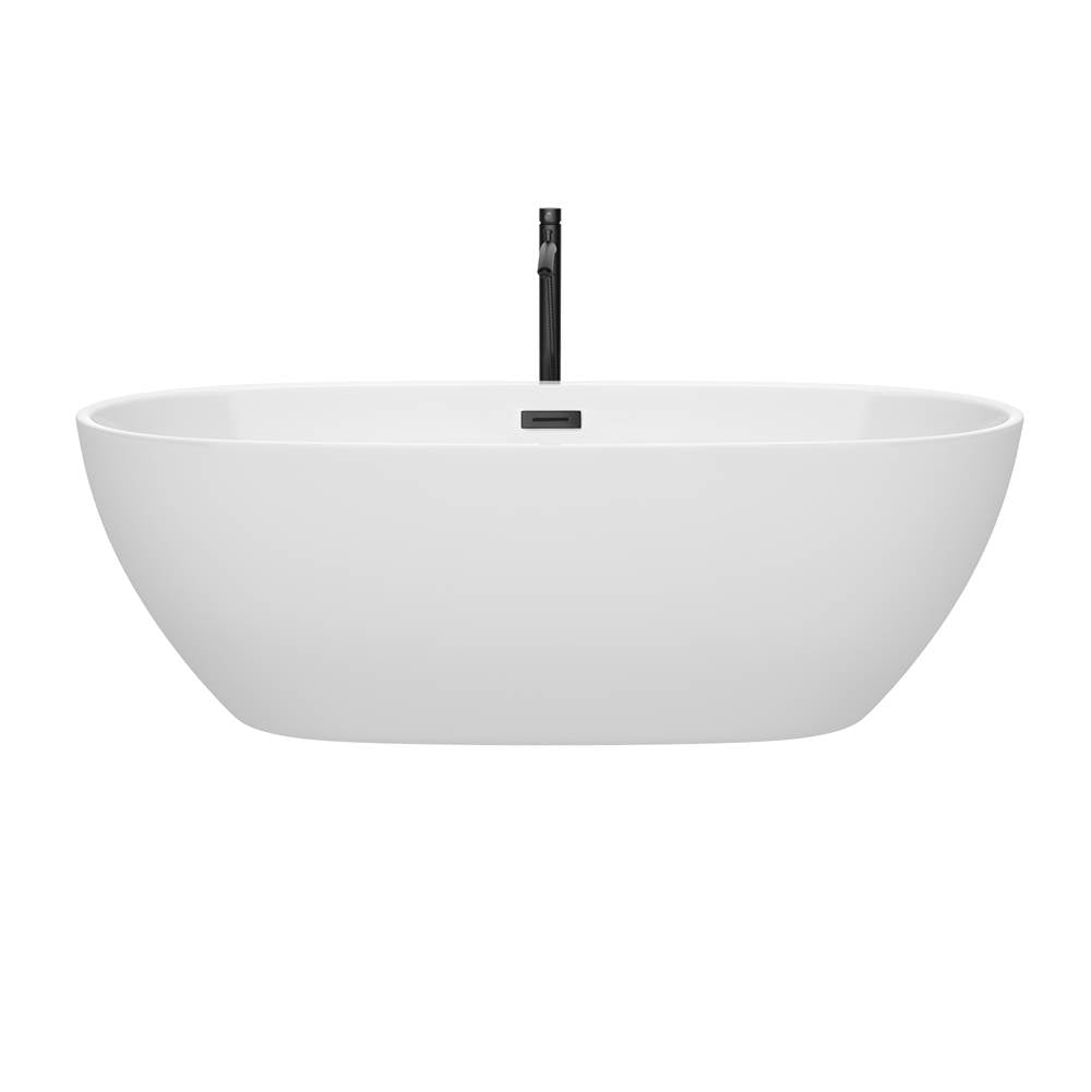Juno 71 Inch Freestanding Bathtub in White with Floor Mounted Faucet, Drain and Overflow Trim in Matte Black