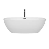 Juno 71 Inch Freestanding Bathtub in White with Floor Mounted Faucet, Drain and Overflow Trim in Matte Black