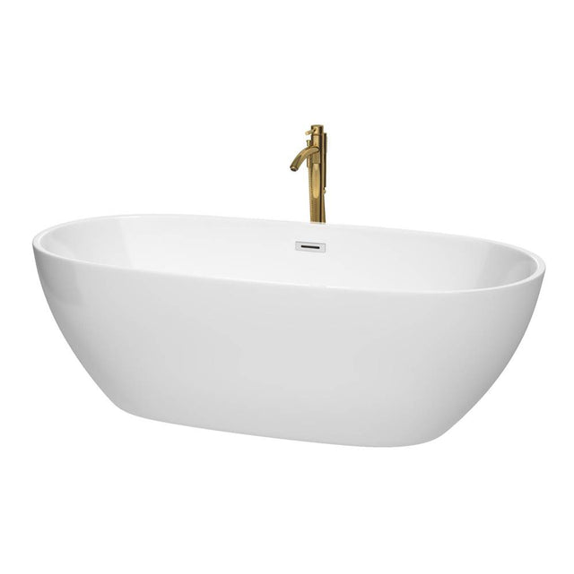 Wyndham Collection - Juno 71 Inch Freestanding Bathtub in White with Polished Chrome Trim and Floor Mounted Faucet in Brushed Gold