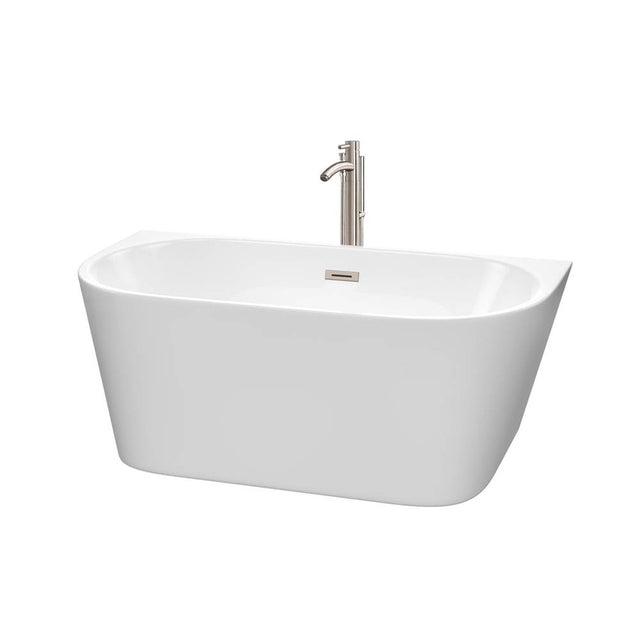 Wyndham Collection - Callie 59 Inch Freestanding Bathtub in White with Floor Mounted Faucet, Drain and Overflow Trim in Brushed Nickel - White With Brushed Nickel