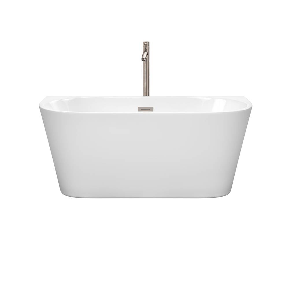 Callie 59 Inch Freestanding Bathtub in White with Floor Mounted Faucet, Drain and Overflow Trim in Brushed Nickel