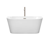 Callie 59 Inch Freestanding Bathtub in White with Floor Mounted Faucet, Drain and Overflow Trim in Brushed Nickel