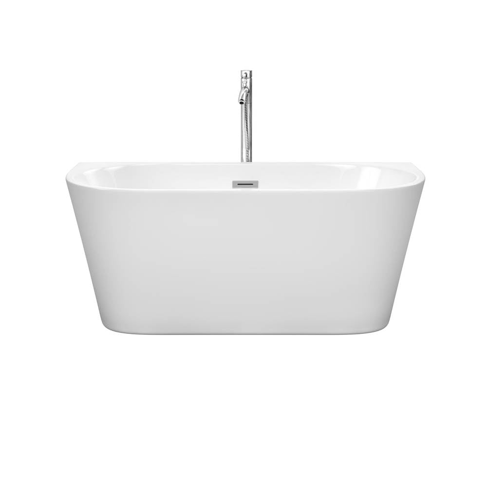 Callie 59 Inch Freestanding Bathtub in White with Floor Mounted Faucet, Drain and Overflow Trim in Brushed Nickel
