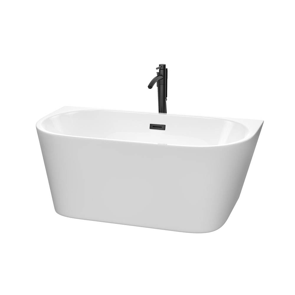 Wyndham Collection - Callie 59 Inch Freestanding Bathtub in White with Floor Mounted Faucet, Drain and Overflow Trim in Matte Black