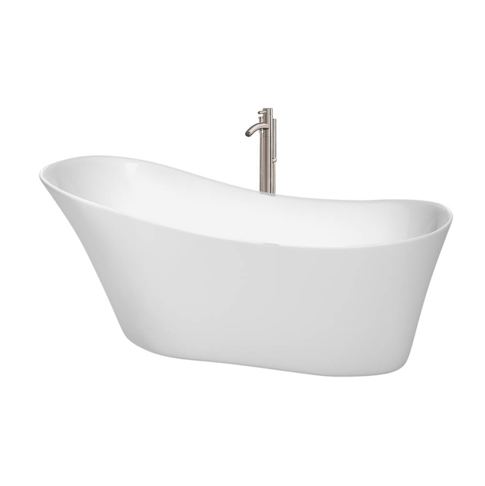 Wyndham Collection - Janice 67 Inch Freestanding Bathtub in White with Floor Mounted Faucet, Drain and Overflow Trim in Brushed Nickel - White With Brushed Nickel