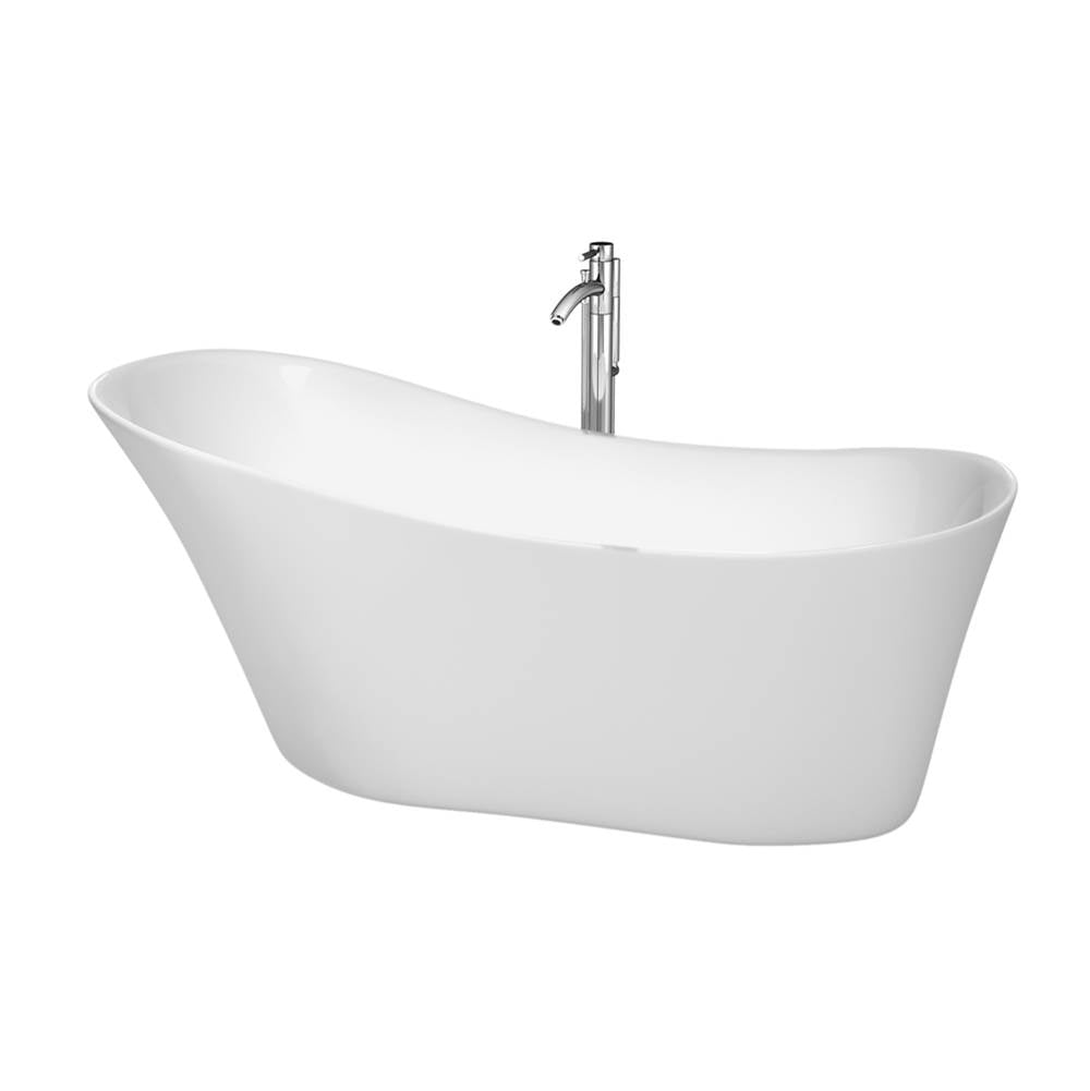 Wyndham Collection - Janice 67 Inch Freestanding Bathtub in White with Floor Mounted Faucet, Drain and Overflow Trim in Polished Chrome - White With Polished Chrome