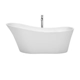 Janice 67 Inch Freestanding Bathtub in White with Floor Mounted Faucet, Drain and Overflow Trim in Brushed Nickel
