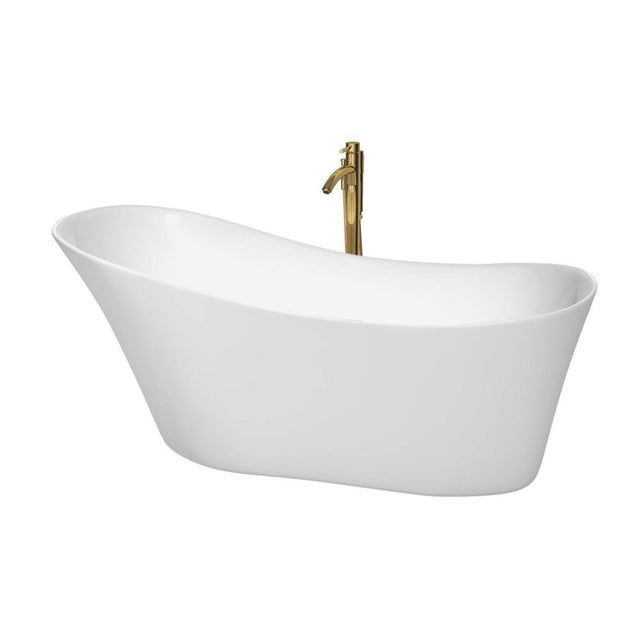 Wyndham Collection - Janice 67 Inch Freestanding Bathtub in White with Polished Chrome Trim and Floor Mounted Faucet in Brushed Gold