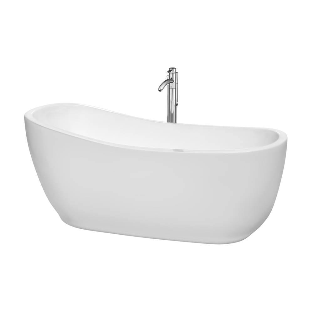 Wyndham Collection - Margaret 66 Inch Freestanding Bathtub in White with Floor Mounted Faucet, Drain and Overflow Trim in Polished Chrome - White With Polished Chrome