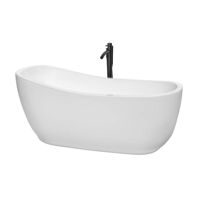 Wyndham Collection - Margaret 66 Inch Freestanding Bathtub in White with Shiny White Trim and Floor Mounted Faucet in Matte Black
