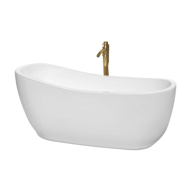 Wyndham Collection - Margaret 66 Inch Freestanding Bathtub in White with Shiny White Trim and Floor Mounted Faucet in Brushed Gold