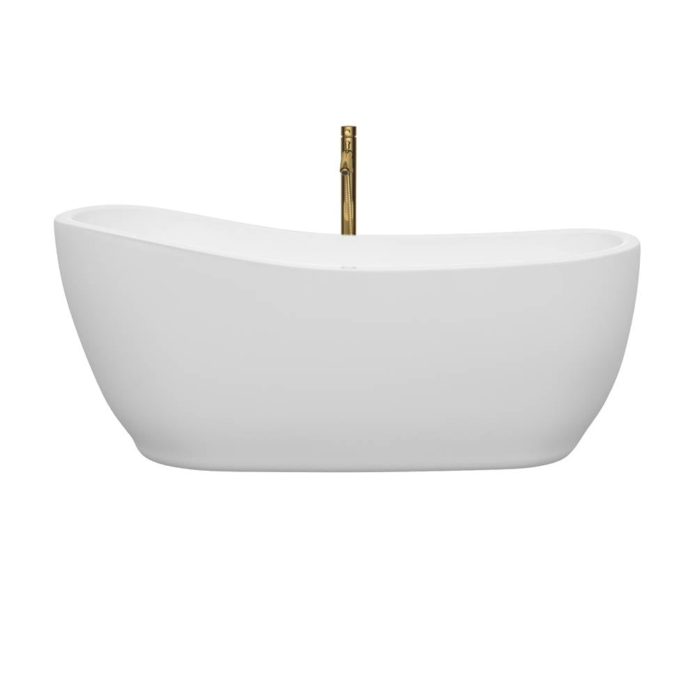 Margaret 66 Inch Freestanding Bathtub in White with Shiny White Trim and Floor Mounted Faucet in Brushed Gold