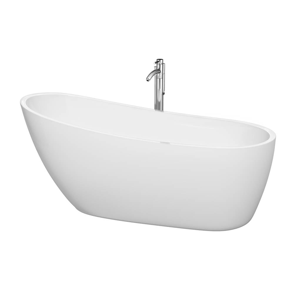 Wyndham Collection - Florence 68 Inch Freestanding Bathtub in White with Floor Mounted Faucet, Drain and Overflow Trim in Polished Chrome - White With Polished Chrome