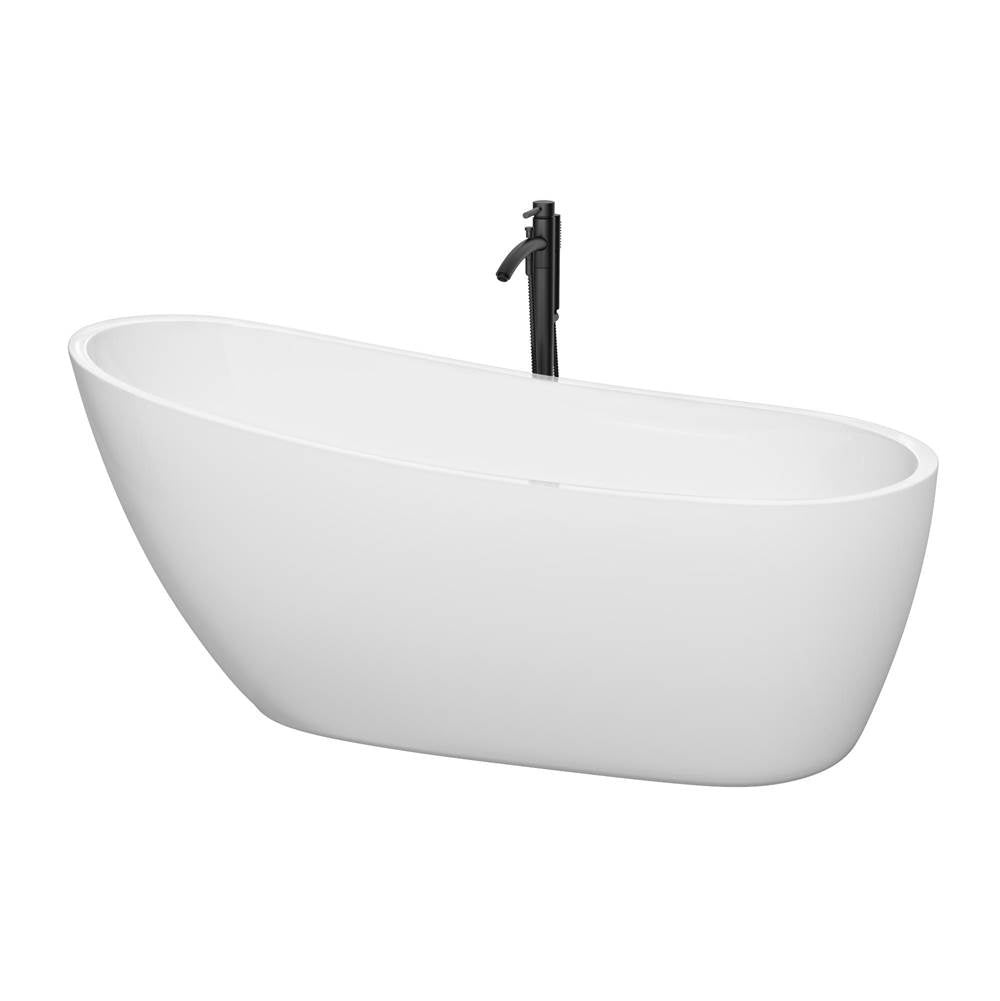 Wyndham Collection - Florence 68 Inch Freestanding Bathtub in White with Polished Chrome Trim and Floor Mounted Faucet in Matte Black
