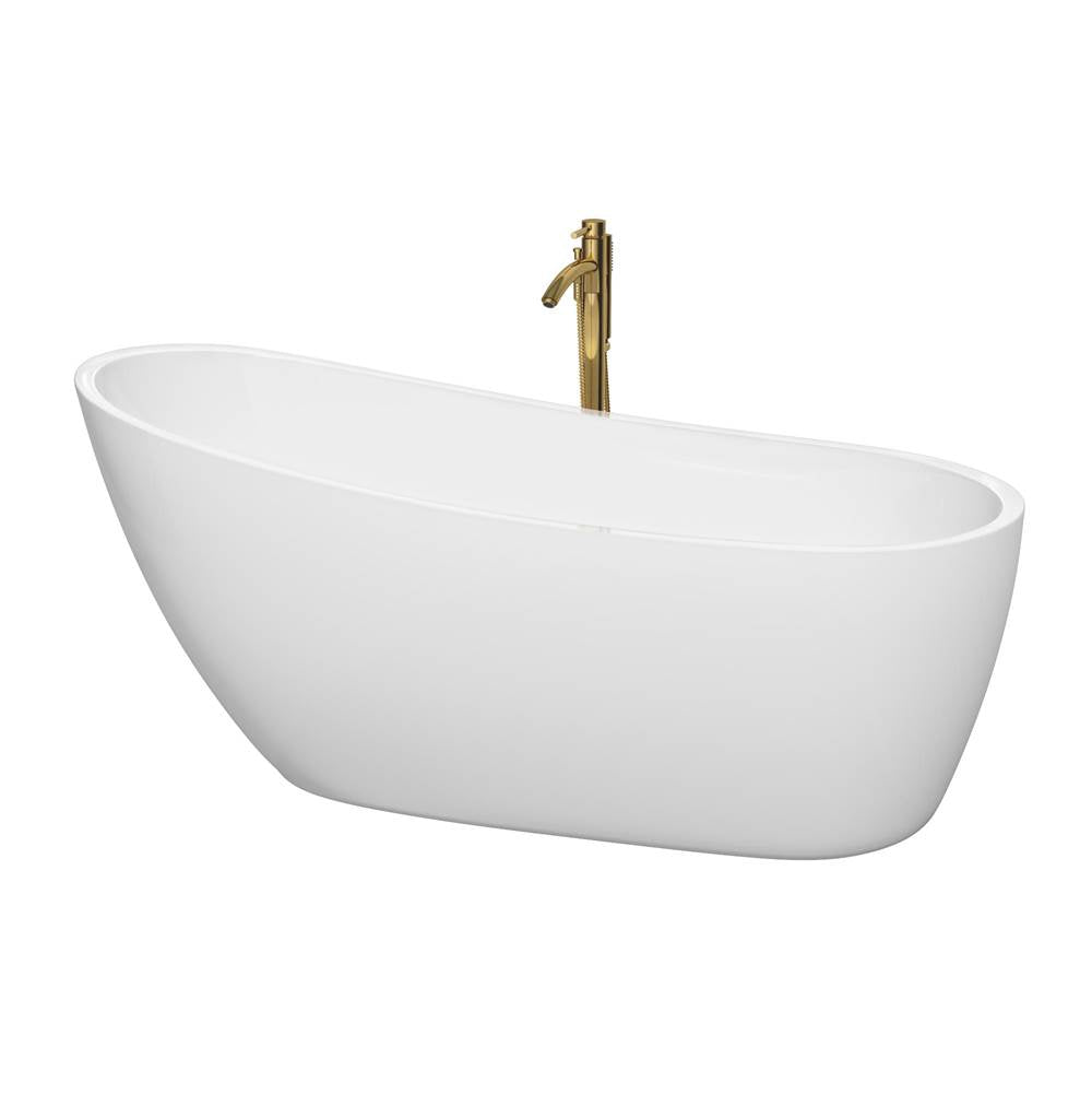 Wyndham Collection - Florence 68 Inch Freestanding Bathtub in White with Polished Chrome Trim and Floor Mounted Faucet in Brushed Gold