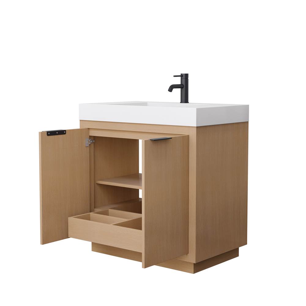Maroni 36 Inch Single Bathroom Vanity in Light Straw, 4 Inch Thick Matte White Solid Surface Countertop, Integrated Sink, Matte Black Trim