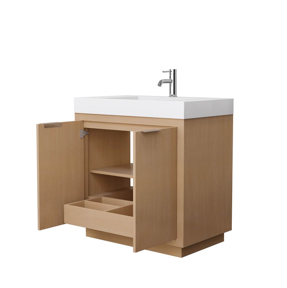 Maroni 36 Inch Single Bathroom Vanity in Light Straw, 4 Inch Thick Matte White Solid Surface Countertop, Integrated Sink