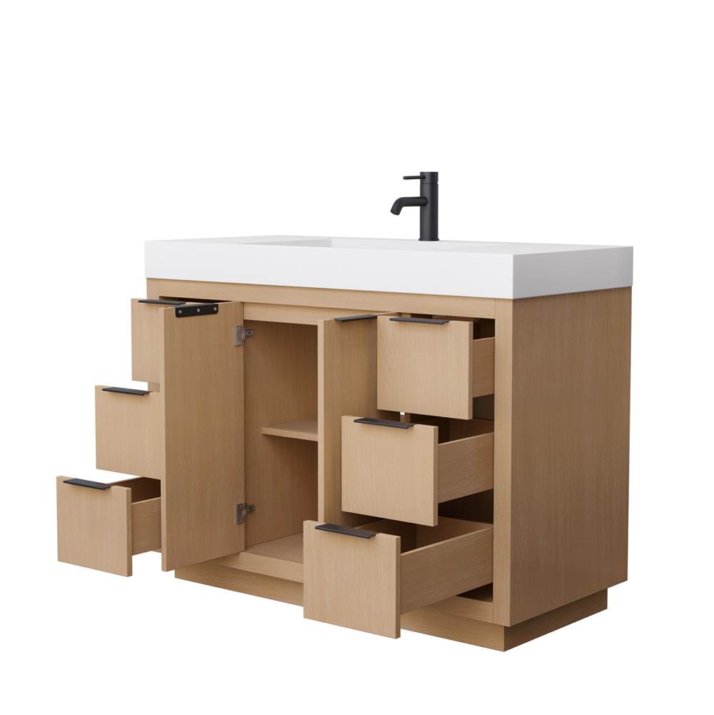 Maroni 48 Inch Single Bathroom Vanity in Light Straw, 4 Inch Thick Matte White Solid Surface Countertop, Integrated Sink, Matte Black Trim