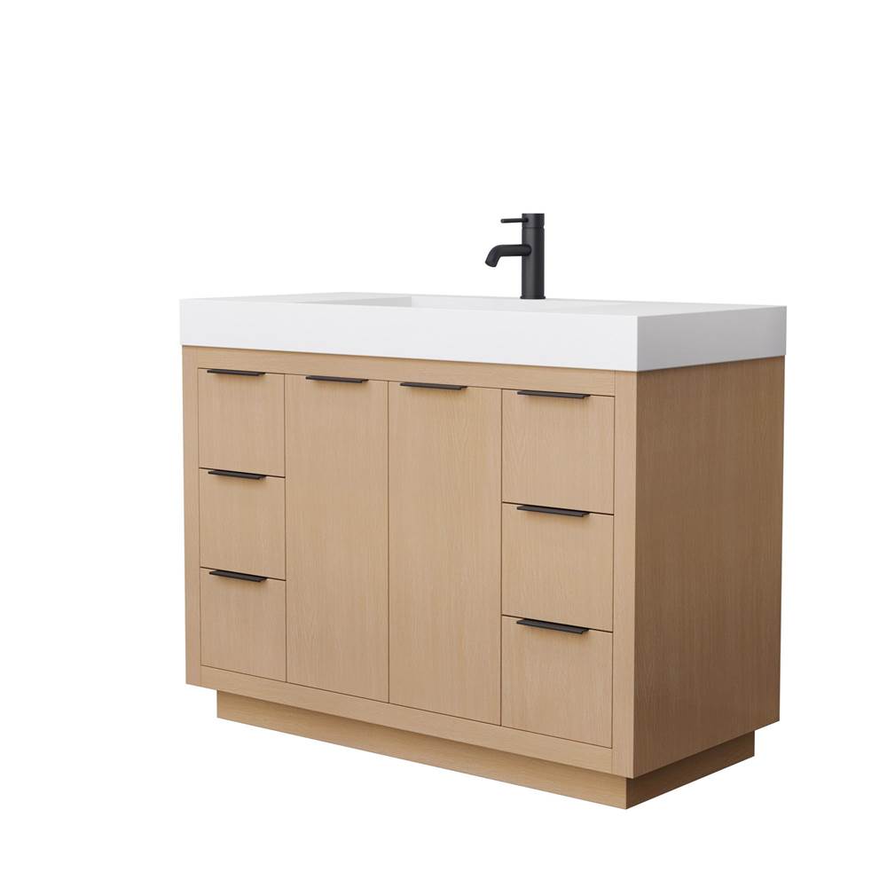Wyndham Collection - Maroni 48 Inch Single Bathroom Vanity in Light Straw, 4 Inch Thick Matte White Solid Surface Countertop, Integrated Sink, Matte Black Trim