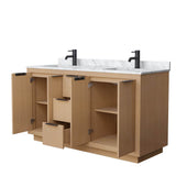 Maroni 60 Inch Double Bathroom Vanity in Light Straw, White Carrara Marble Countertop, Undermount Square Sinks, Matte Black Trim
