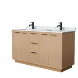 Wyndham Collection - Maroni 60 Inch Double Bathroom Vanity in Light Straw, White Carrara Marble Countertop, Undermount Square Sinks, Matte Black Trim