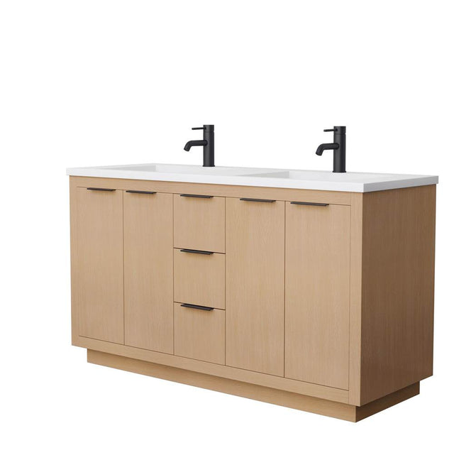 Wyndham Collection - Maroni 60 Inch Double Bathroom Vanity in Light Straw, 1.25 Inch Thick Matte White Solid Surface Countertop, Integrated Sinks, Matte Black Trim