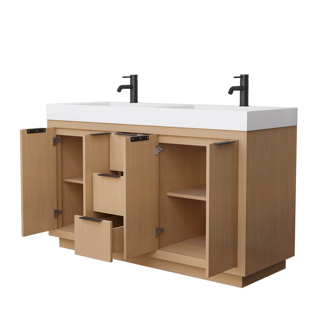Maroni 60 Inch Double Bathroom Vanity in Light Straw, 4 Inch Thick Matte White Solid Surface Countertop, Integrated Sinks, Matte Black Trim